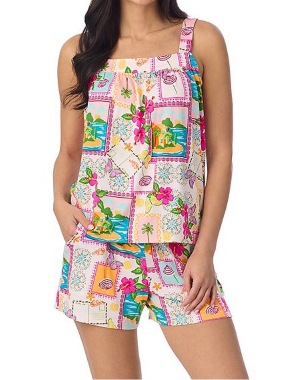 Cuddl Duds Pajama Set Cozy 2pc Tank Top Shorts NEW Seaside Scene XL Pink
